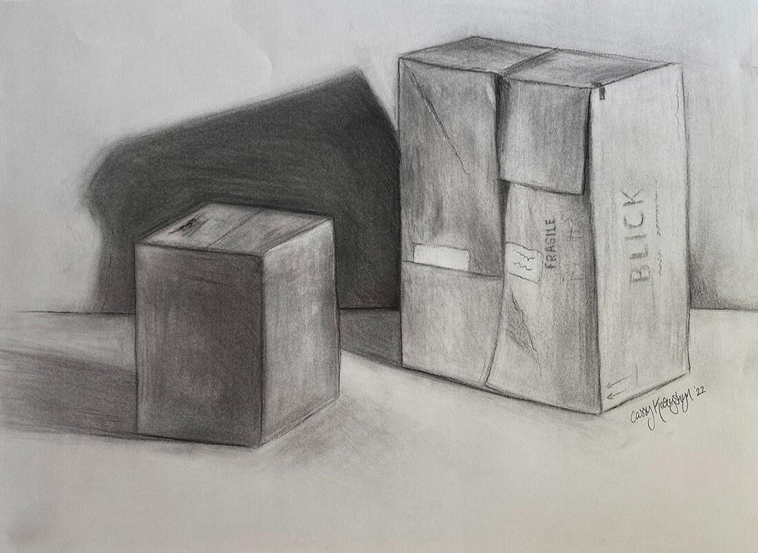 &quot;Boxes&quot;, Charcoal on Toned Paper, 2022, 18in x 24in