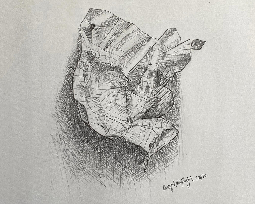 "Paper Crumple", Graphite on Paper, 2022, 18in x 12in