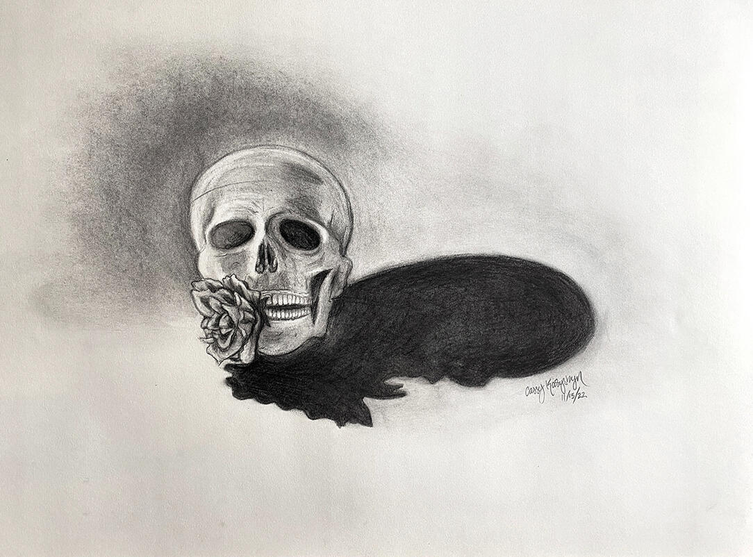 &quot;Human Skull&quot;, Charcoal on Paper, 2022, 18in x 24in