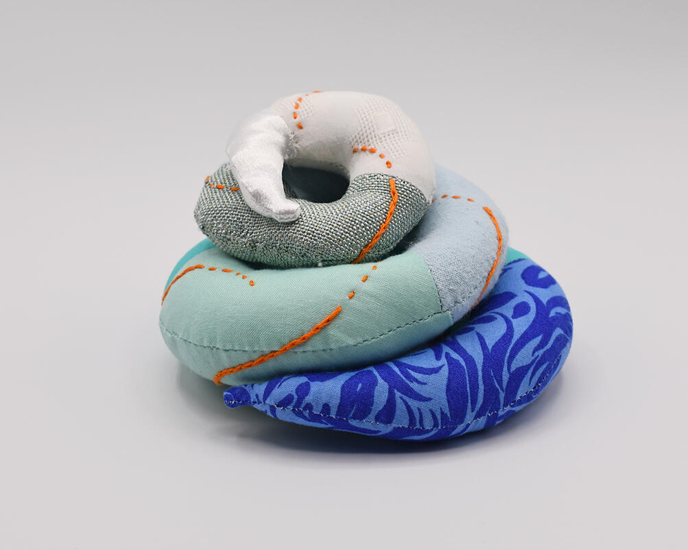 &quot;Spiraling Up&quot;, Thread/Embroidery thread/Cotton Fabric/Denim Fabric/Silk Fabric/Polyfil, 2023, 6in x 5in x 4.5in