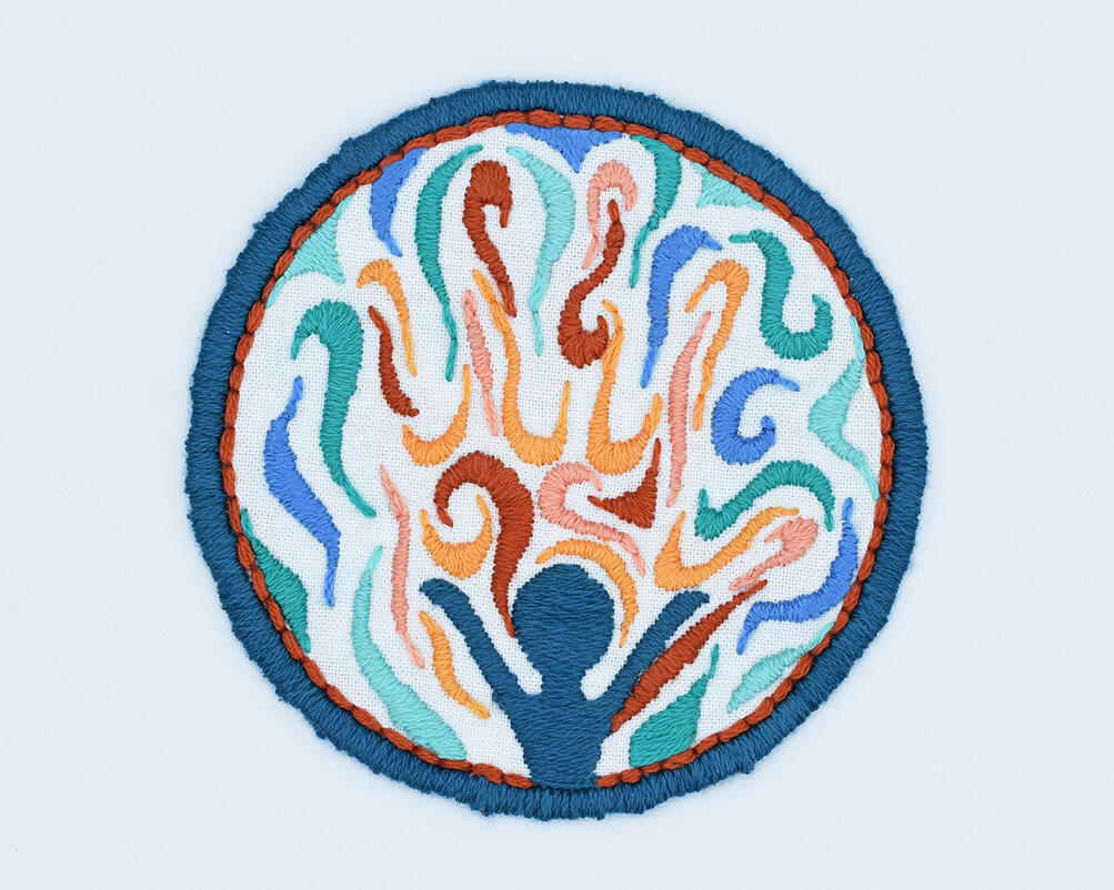 "Cubital Tunnel Awareness Patch", Embroidery Thread on Cotton Fabric, 2023, 3in x 3in