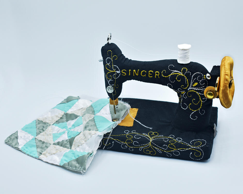 &quot;Vintage Singer Soft Sculpture&quot;, fabric/polyfil/foam/batting/wire hanger/thread/embroidery thread, 2023, 14in x 9in x 7.5in