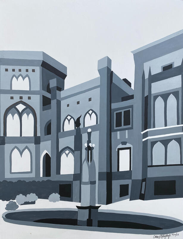 "2 Point Perspective Architecture", Acrylic on Bristol Board, 2022, 16in x 12in